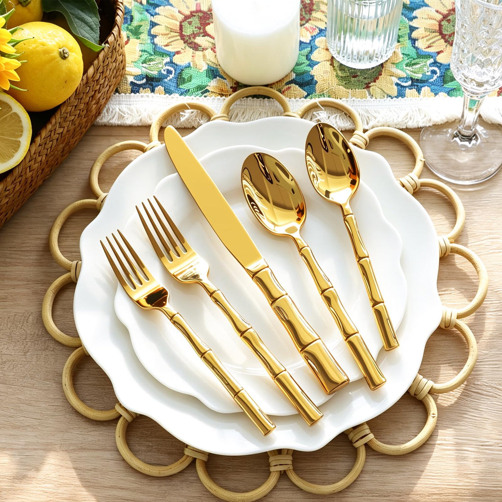 Gold Silverware Set Bamboo Pattern 20-Piece Service for 4
