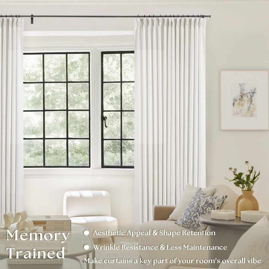 Beige White Pinch Pleated Linen Curtains 132 Inches Long 2 Panels