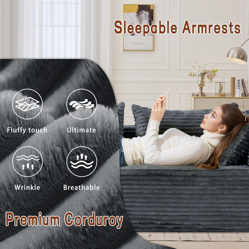 110" L-Shaped Modular Sectional Sofa with Chaise, Boneless Comfy Corduroy Fluffy Couch with Deep Seat and Side Pockets