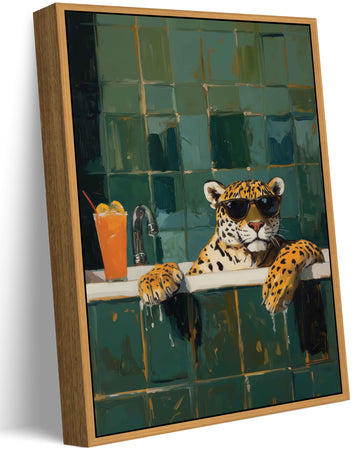 Funny Leopard Bathroom Wall Art, Cool Cat in Bathtub Framed Decor, 16x24in