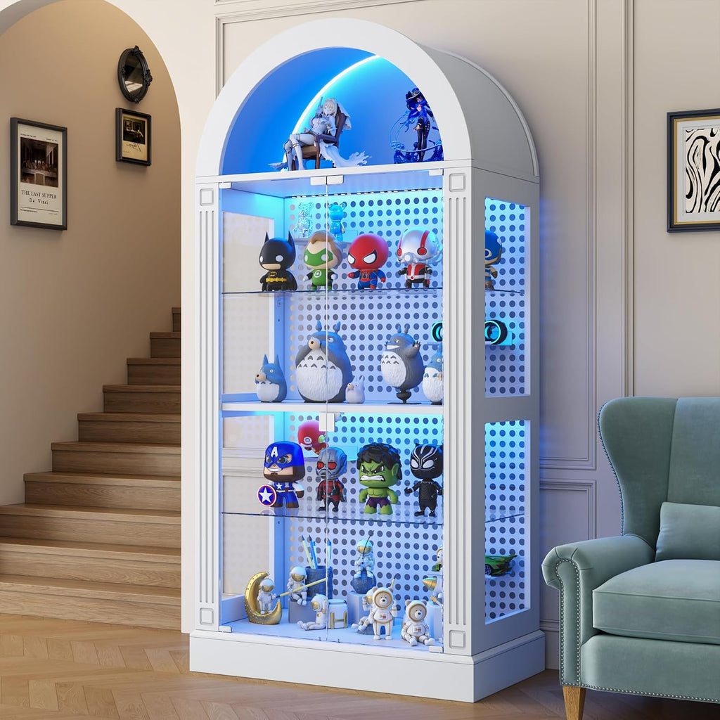 71" Arched Display Cabinet with Glass Doors and LED, 5-Tier Curio Cabinet with Roman Line Design and Pegboard, Glass