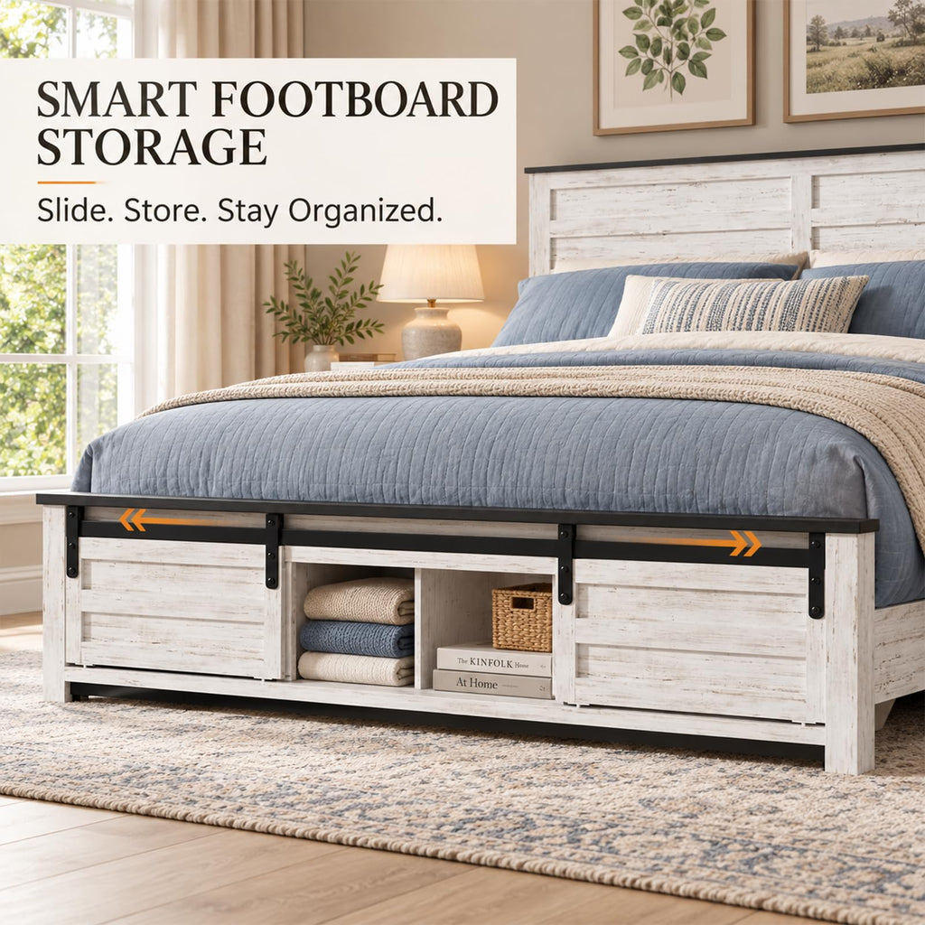 Farmhouse Bed Frame with Barn Door Headboard, White