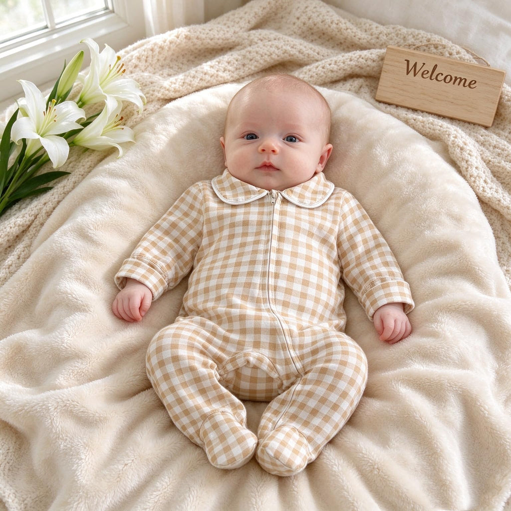 Newborn Baby Boy Girl Gingham Footed Romper Plaid Print Peter Pan Collar Long Sleeve Jumpsuit Coming Home Outfit