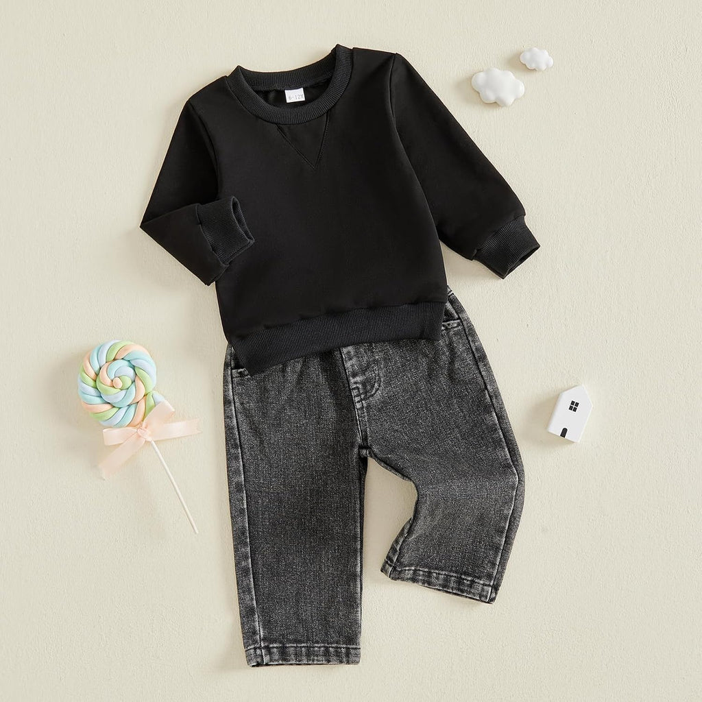 Toddler Boy Fall Outfits Solid Long Sleeve Pullover Denim Pants 2 Pcs Set
