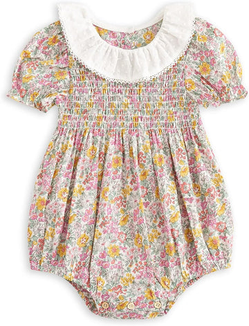 Baby Girl Smocked Romper,Ruffle Collar Bubble Floral Outfit