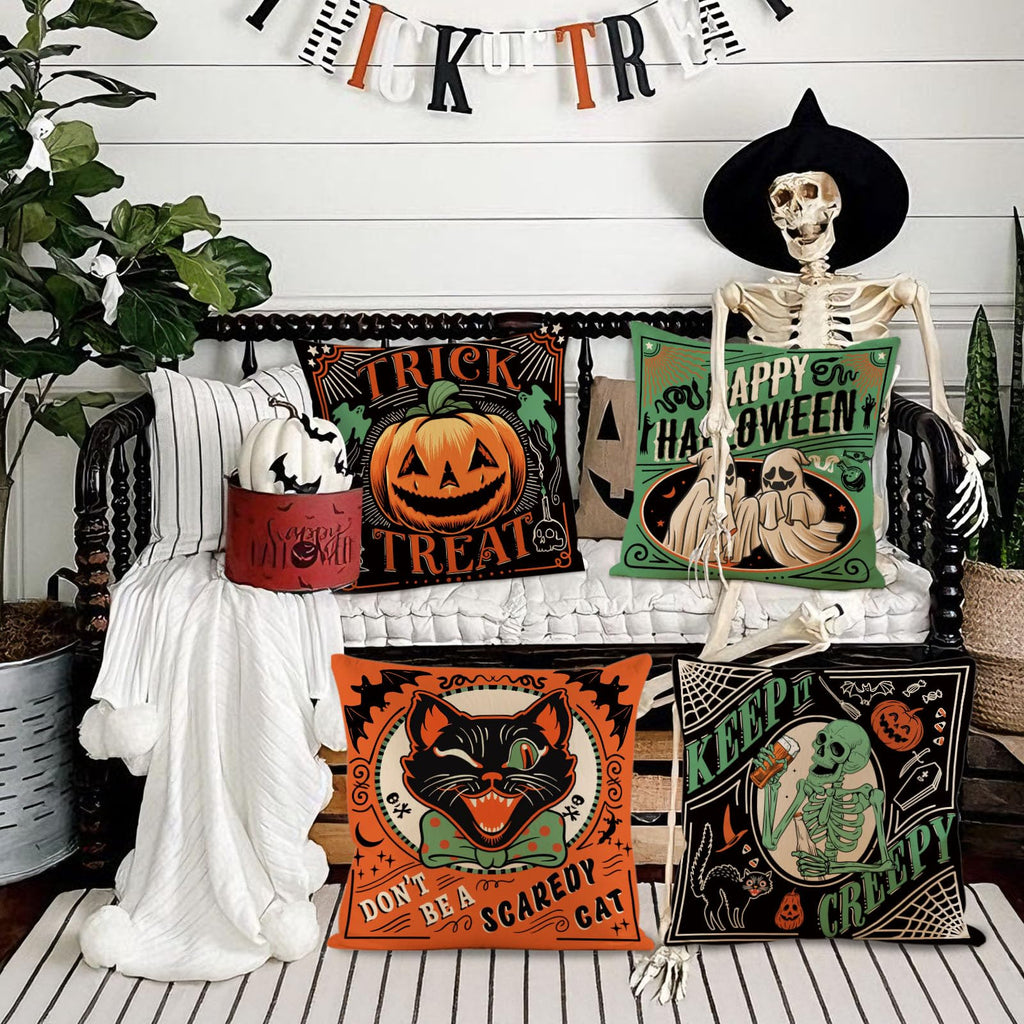 Halloween Pillow Covers 24×24 Set of 4 Linen Vintage Spooky Halloween Decor