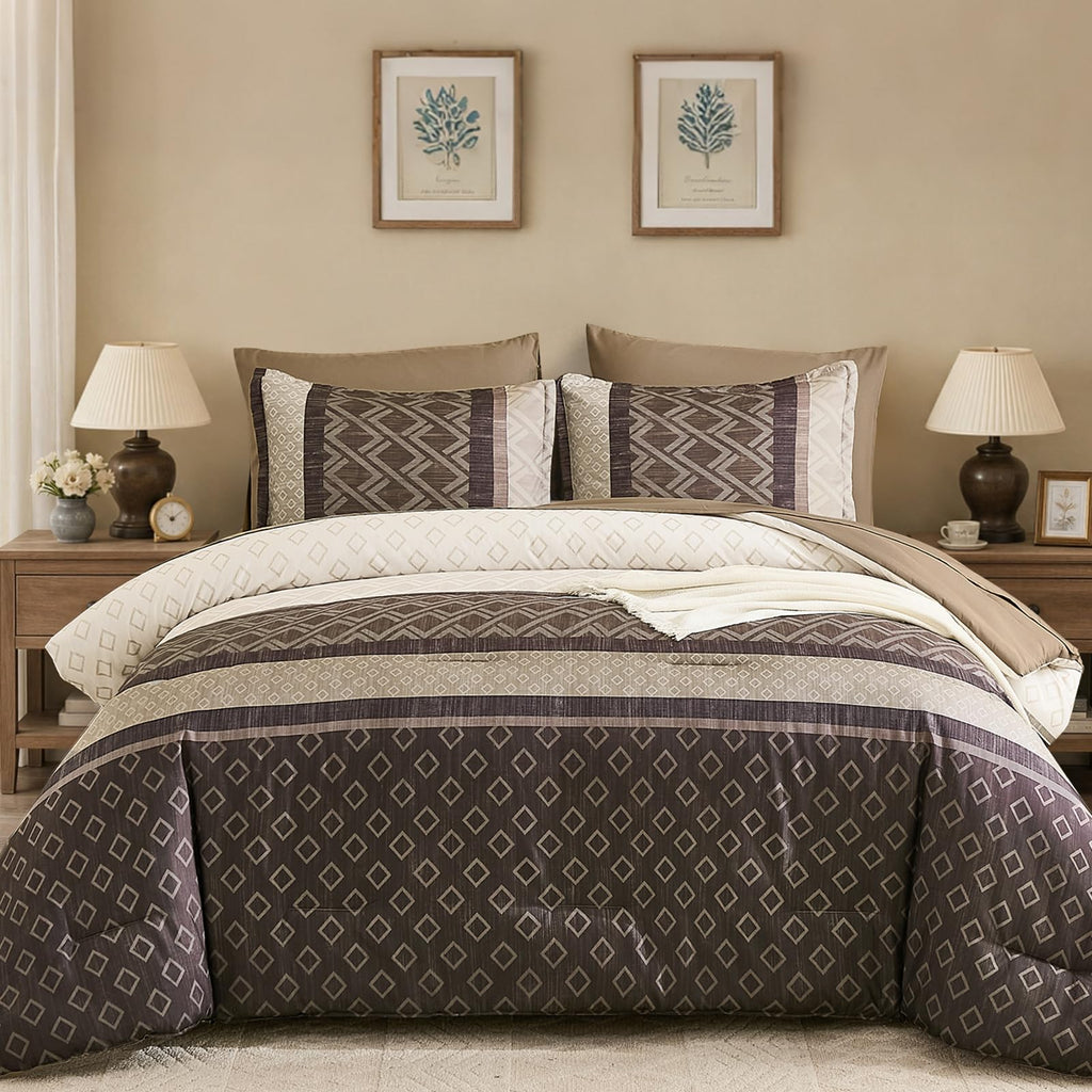 7-Piece Grey Brown Striped Comforter Set, Farmhouse Boho Bedding
