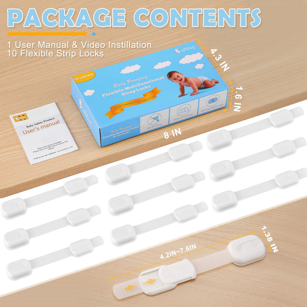 Baby Proofing Strap Locks for Cabinets and Drawers, 10 Pack, White