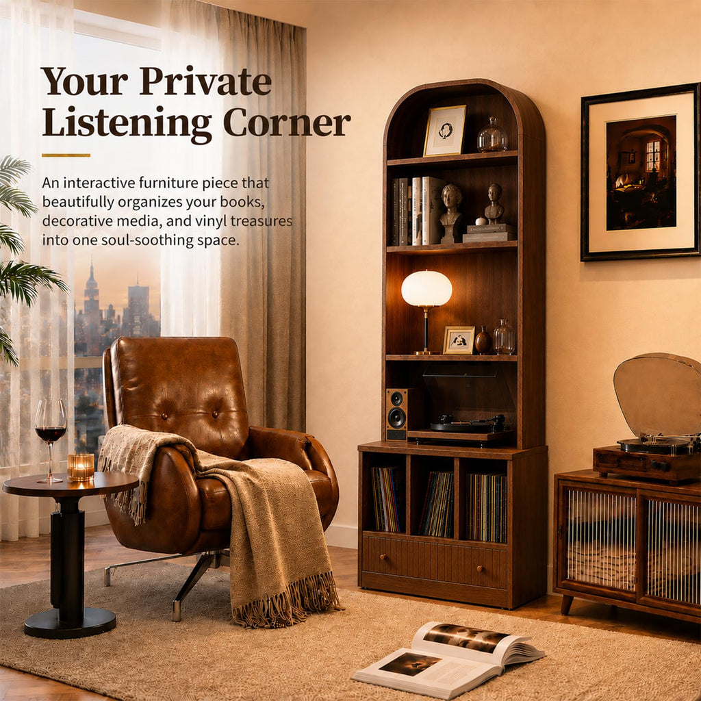 MCM Tall Record Player Bookshelf, Walnut Turntable Stand with Vinyl Storage, Drawer & Speaker Shelf, Record Player