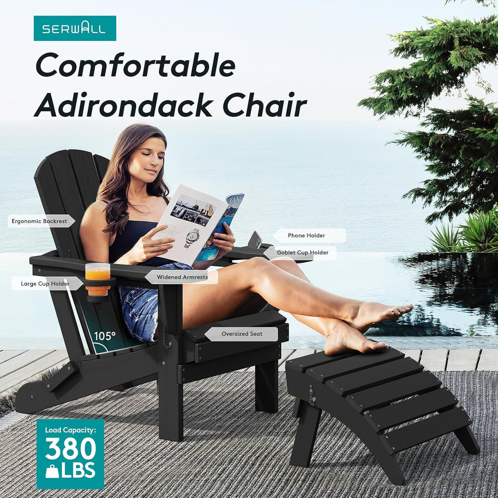 Outdoor Adirondack Chair Set of 2 with 2 Cup Holders,Foldable,Black | HDPE Composite,Waterproof,Wood Grain,Cup &