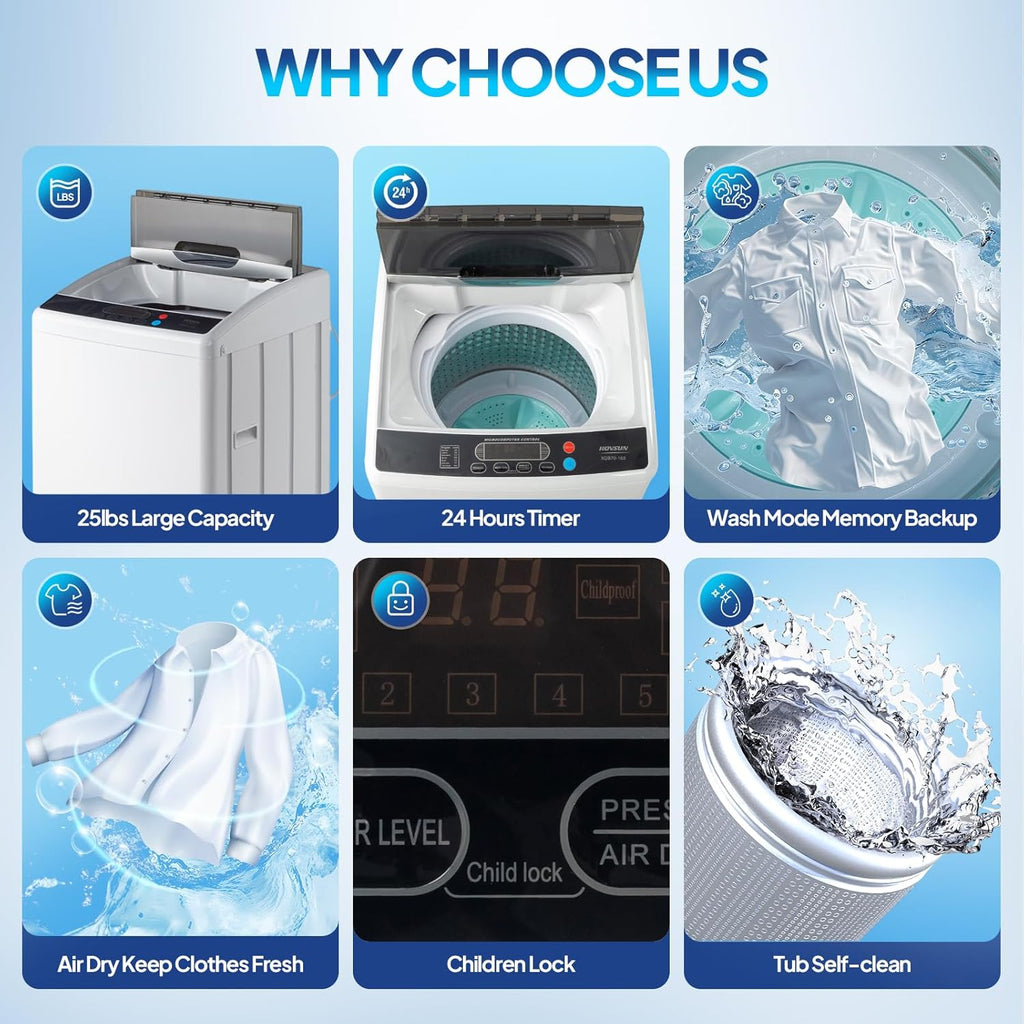 25LBS Portable Washing Machine, Full-Automatic Electric Laundry Machine with Stainless Steel Drum, Compact Washer and