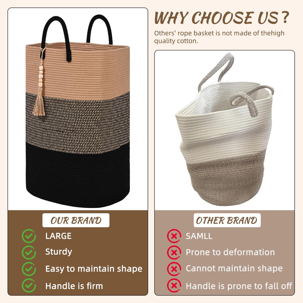 Woven Laundry Basket for Clothes, 80 L Large Rectangle Laundry Hampers with Beads Tassel, Nursery Storage Basket for