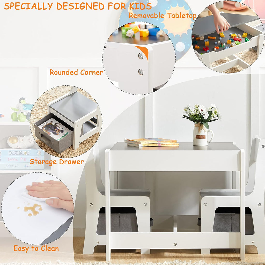 Kids Table and Chair Set, 3 in 1 Wooden Activity Table with Storage Drawer for Toddlers Drawing, Reading, Crafts, 2