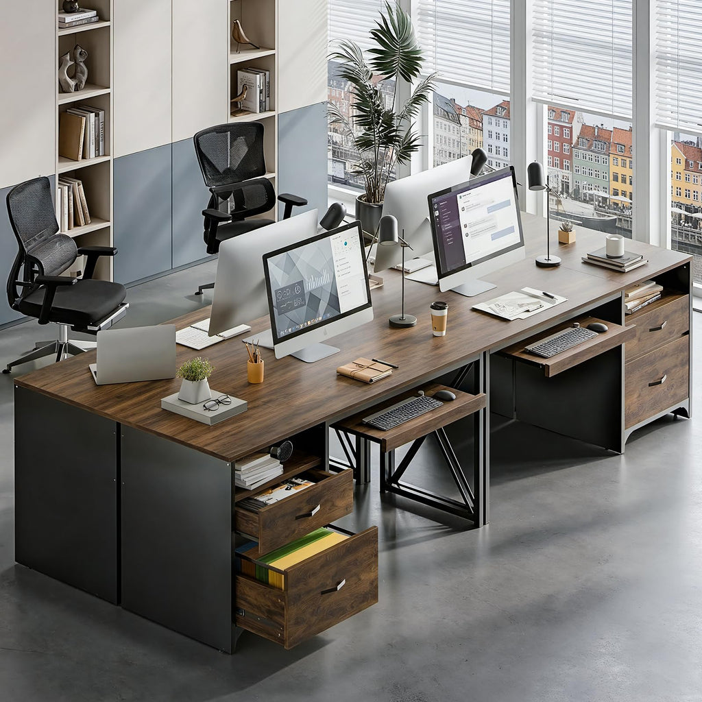 Office Desk with Drawers, 55 inch Industrial Computer Desk with Storage, Wood Teacher Desk with Keyboard Tray & File
