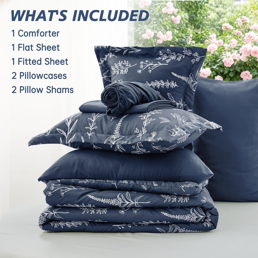 Oversized Comforter Set, 7-Piece Floral Bed in a Bag, Navy Blue