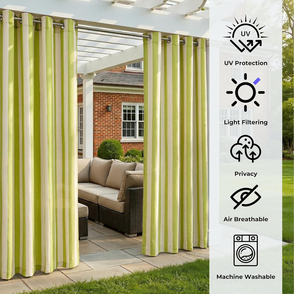 4 Panels Outdoor Stripe Curtains , Waterproof Light Filtering Indoor Outdoor Curtain Panels with Grommets for Porch