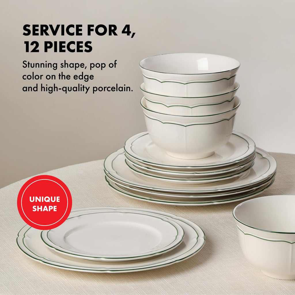 Lagasse Victory 12-Piece Dinnerware Set Porcelain, Plates and Bowls Set, Dishwasher and Microwave Safe, Dish Set for