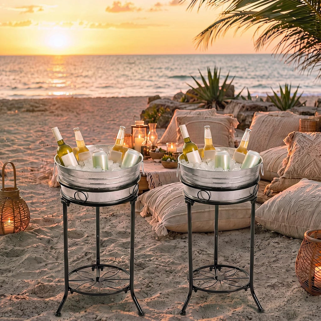 Galvanized Beverage Tub with Stand Champagne Ice Bucket Stand, 1 Set