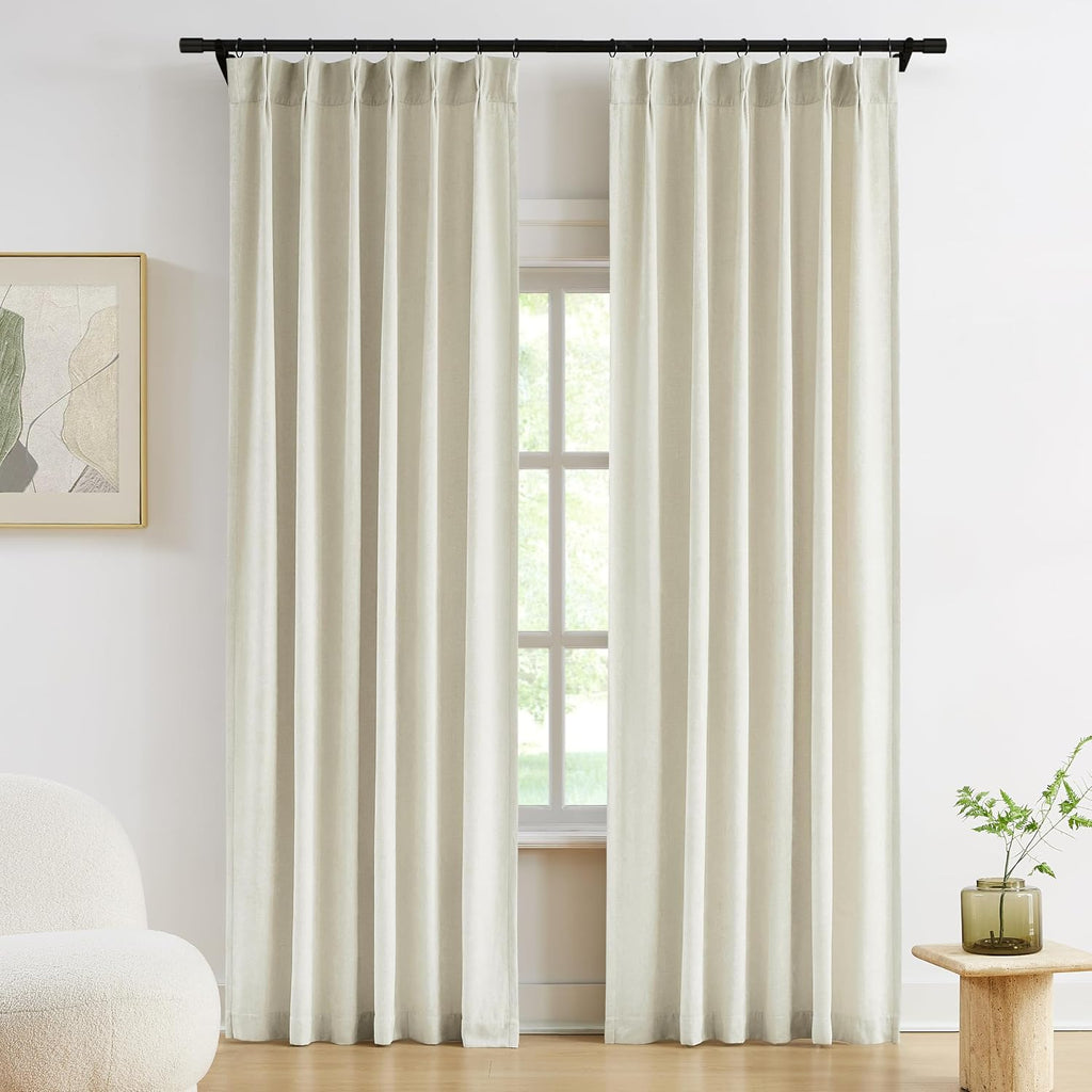 Ivory Beige Pinch Pleated Curtains Velvet Chenille Light Filtering Window Curtains 84 inches for Living Room Bedroom
