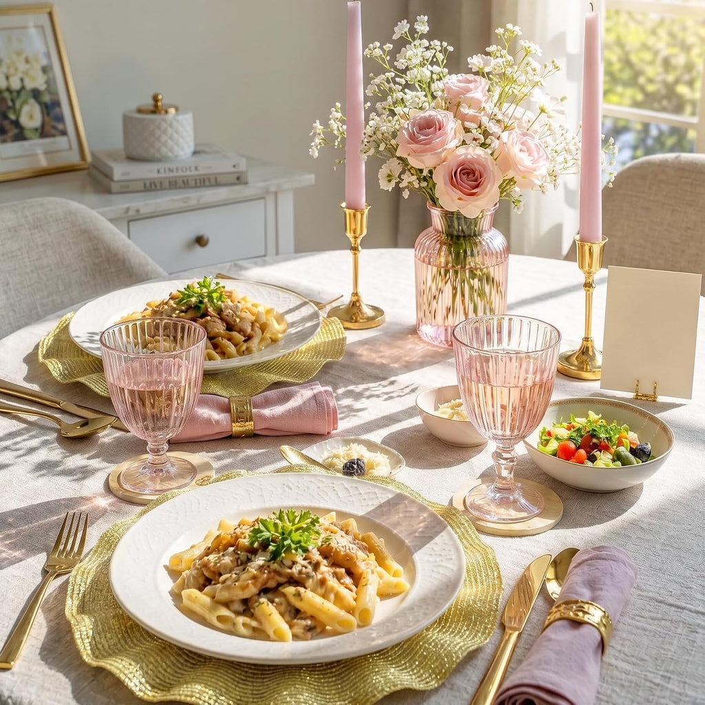 Gold Woven Placemats, Round Table Mats with Scalloped Edge - Set of 6