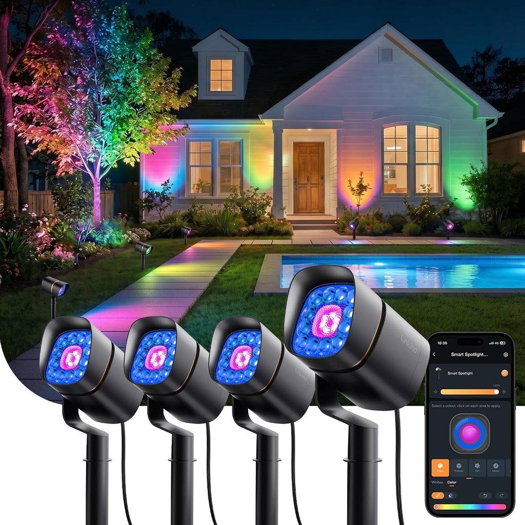 Smart Low Voltage Outdoor Spotlights 12-24V Dual Ring, RGBW, 4 Pack | SL6LV Landscape Lighting, Required Transformer