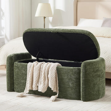 Oval Ottoman Bench with 20 Gal of Storage Space Upholstered Chenille Seat End of Bed Storage Bench Storage Ottoman