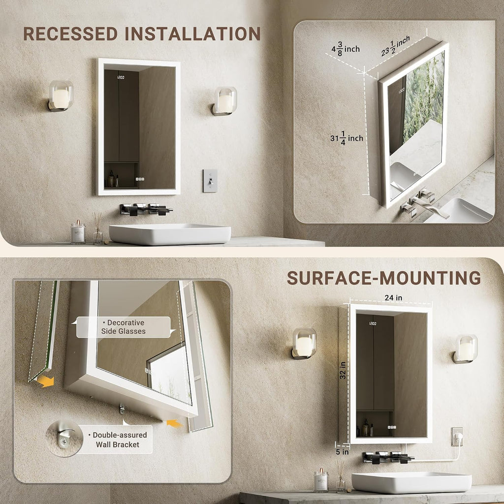 LED Medicine Cabinet with Mirror, 24x32 Surface or Recessed Lighted Medicine Cabinet with Mirror, Dimmable Fogless