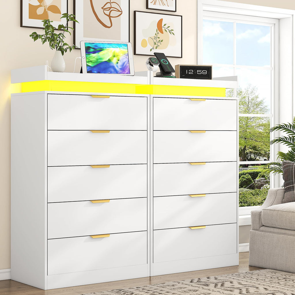 Tall Dresser, White Dresser with LED Lights, Wood 5 Drawer Chest with Power Outlet, Modern Chest of Drawers