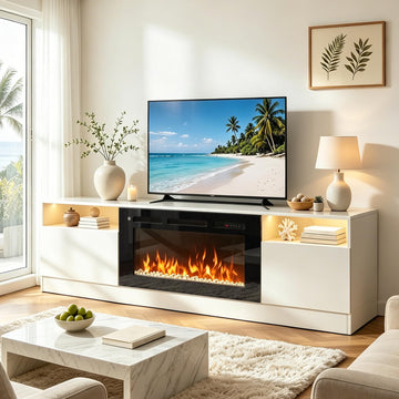 Fireplace TV Stand with 36'' Electric Fireplace Up to 90" TVs, LED Light Entertainment Center, Modern Wood Texture