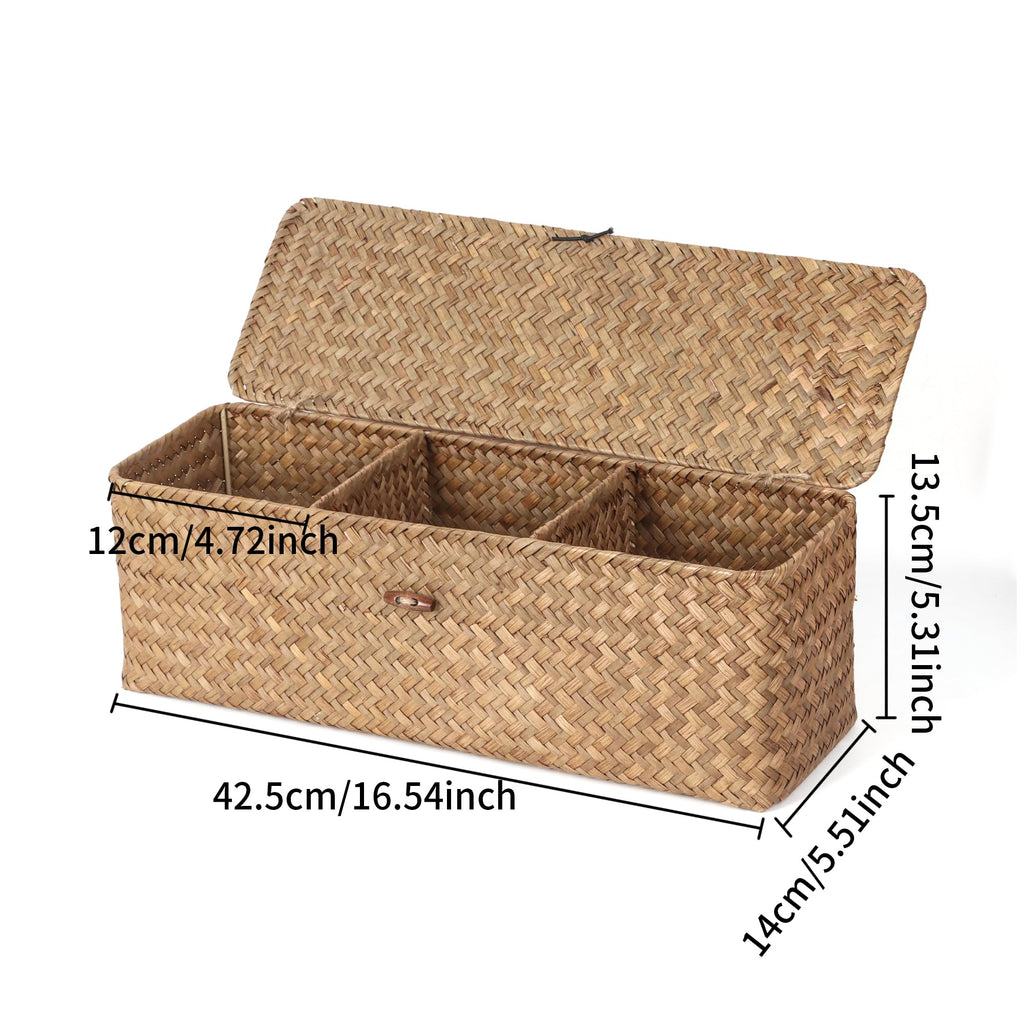Wicker Shelf Baskets with Lid, Seagrass Storage Basket with Dividers Rectangular Woven Back of Toilet Baskets Boxes