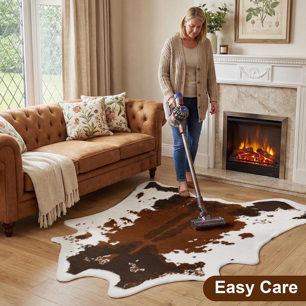 Large Durable Faux Cowhide Area Rug 4.9 x 6.56 Feet, Premium Cow Print Rug Bedroom, Durable Faux Fur Animal Cow Hide