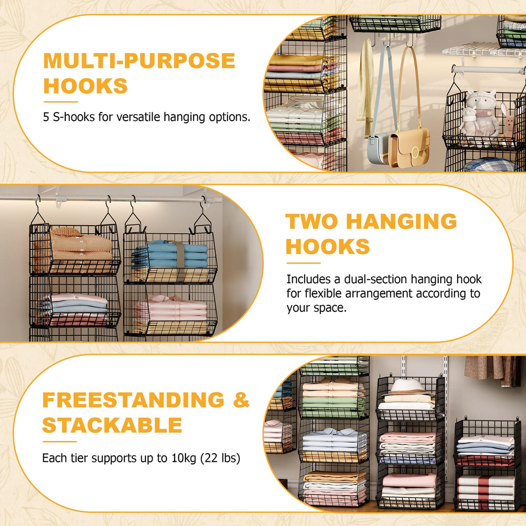 3-Tier Hanging Closet Organizer, Laundry Room Organization | Space Saving Shelves with 1.65" Hook & 5 S-Hooks |