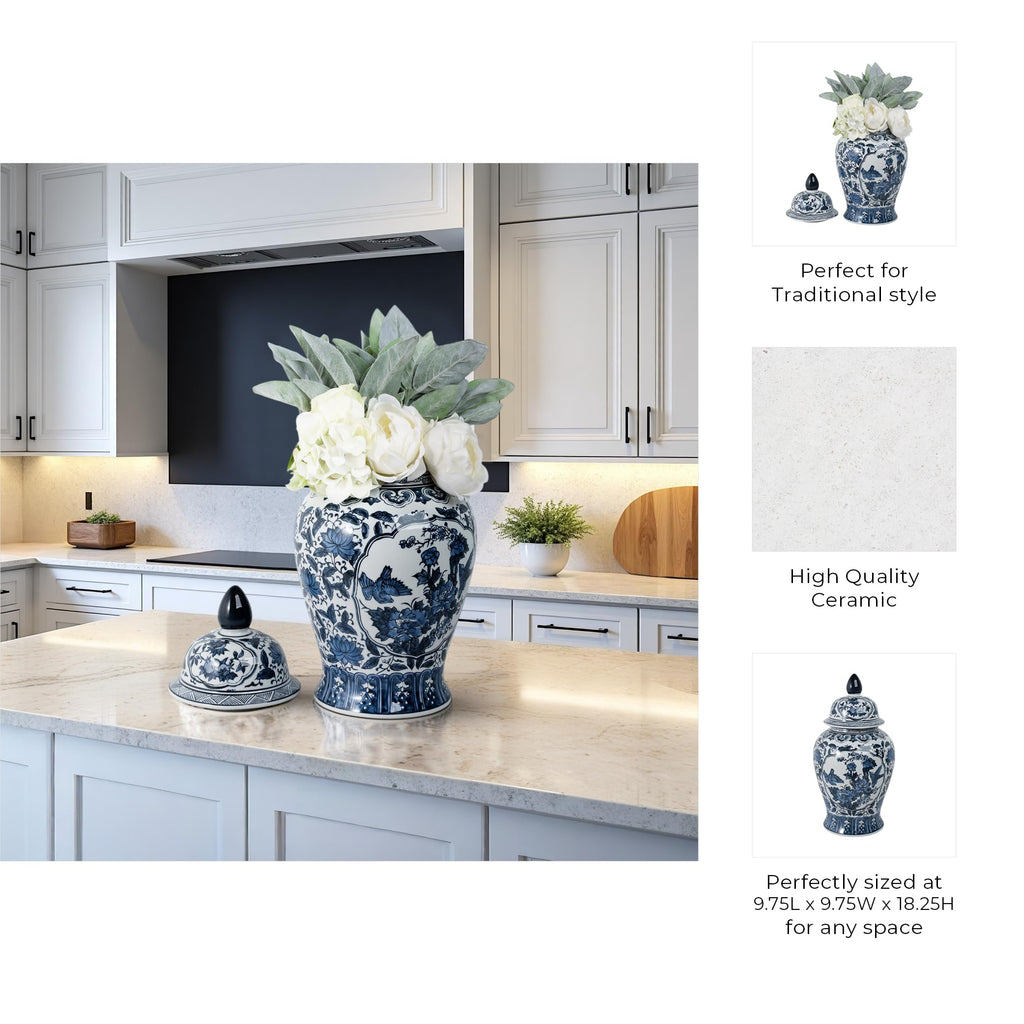 Decorative Chinoiserie Temple Ceramic Jar, 19", Blue