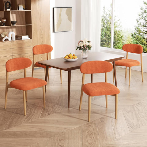 Wooden Dining Chairs Set of 4, Modern Upholstered Dining Room Chairs with Curved Back and Adjustable Legs for Farmhouse Dining or Living Room, Orange