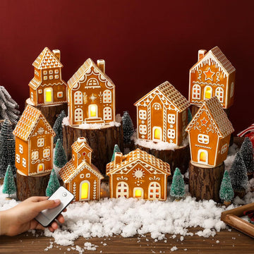 29 PCS LED Gingerbread Christmas Village Sets 8 Lighted Ceramic Gingerbread Village Houses with Remote Control and 13