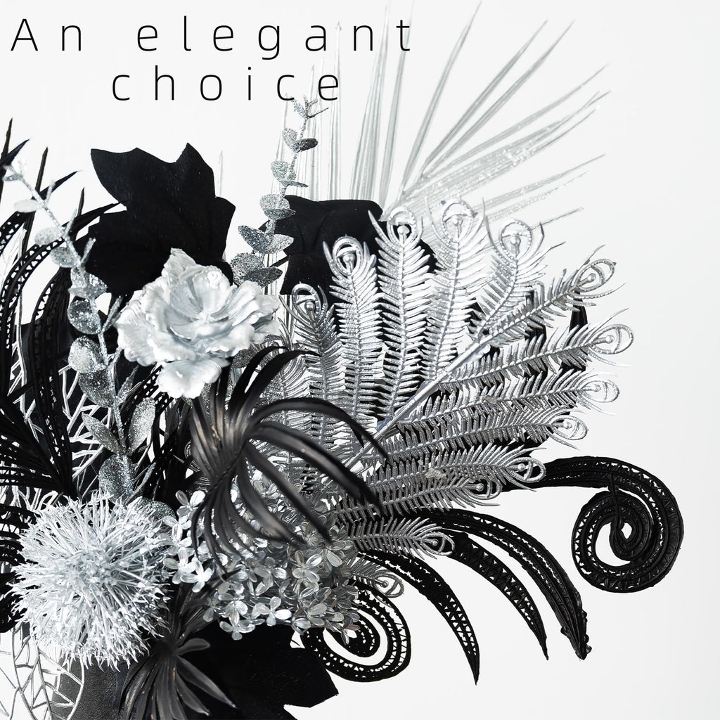 Luxurious Black Silver Artificial Flowers,17-Inch Modern Gothic Bouquet - Set of 13