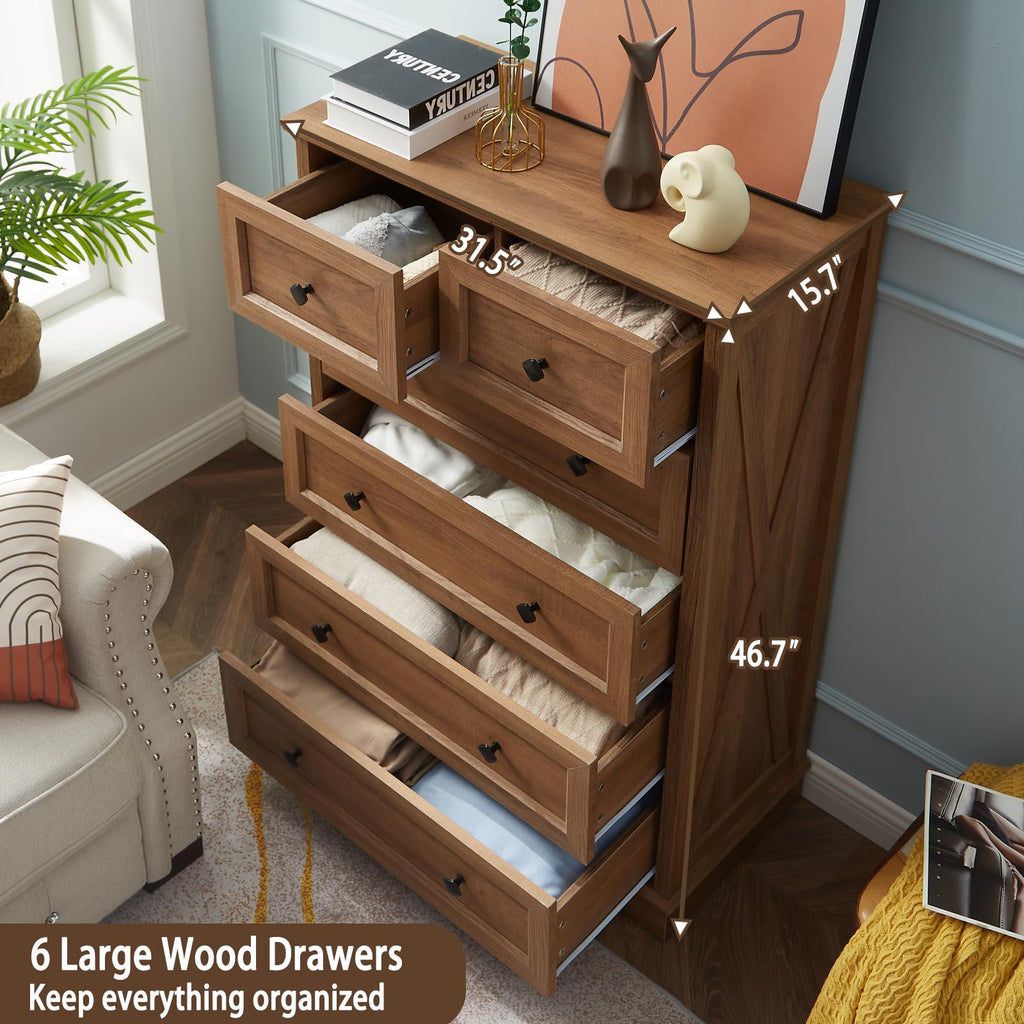 Farmhouse 6 Drawers Dresser Chests, Natural Oak Wood Dressers