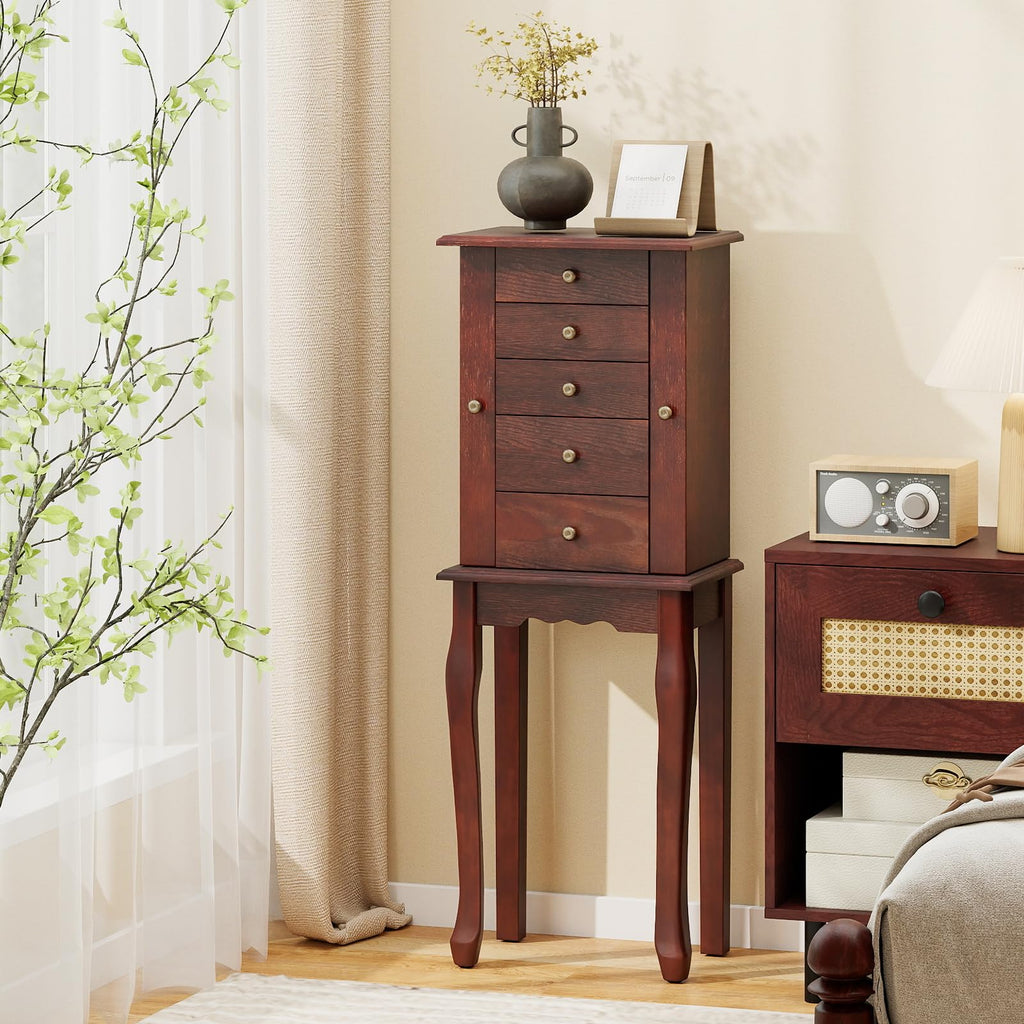 Standing Jewelry Armoire Cabinet with Top Flip Mirror, Jewelry Box Chest with 4 Drawers, Top Compartments, 8 Necklace