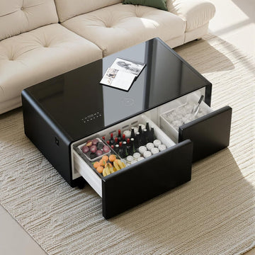 Smart Coffee Table with Refrigerator and Freezer Drawers - Wireless Charging, Bluetooth Speakers, LED - Black