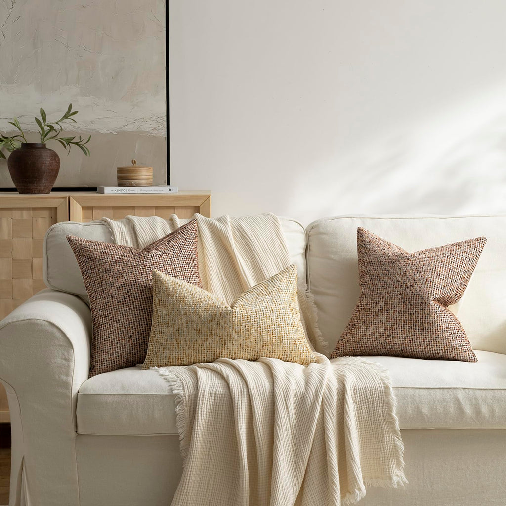 Pack of 2 Neutral Throw Pillow Covers 20x20 Boho Textured Dots Stripe Chenille Square Decorative Pillow Cases Accents