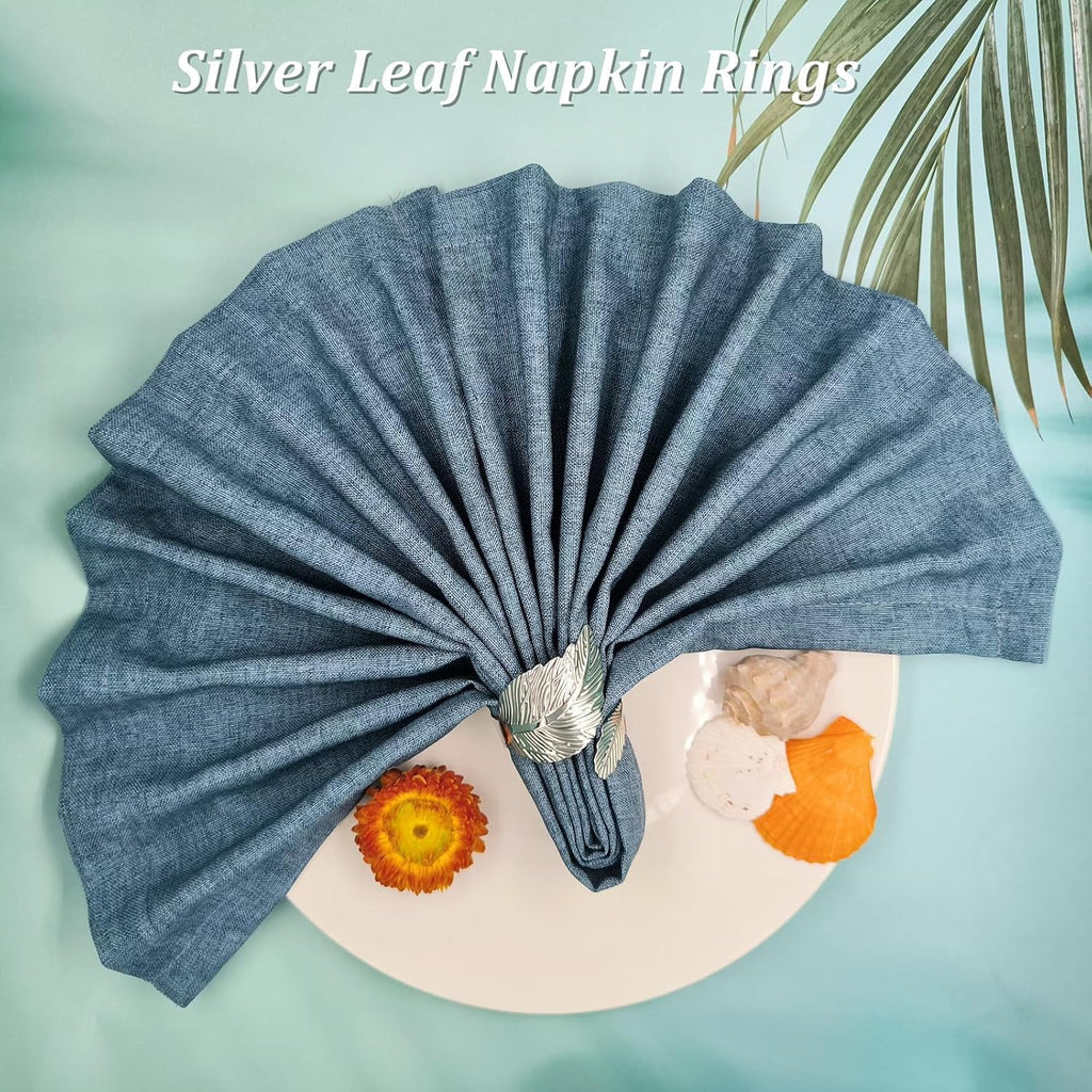 Silver Napkin Rings,Shiny Metal Leaf Napkin Ring Silver Napkin Holder for Table Setting Decor,Stylish Rings - Set of 12