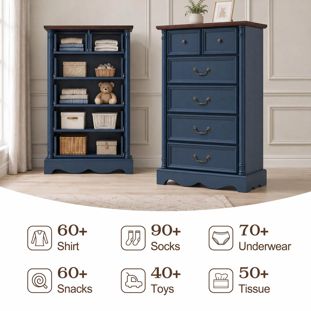 Farmhouse 6 Drawers Dresser, 47" Tall, Blue