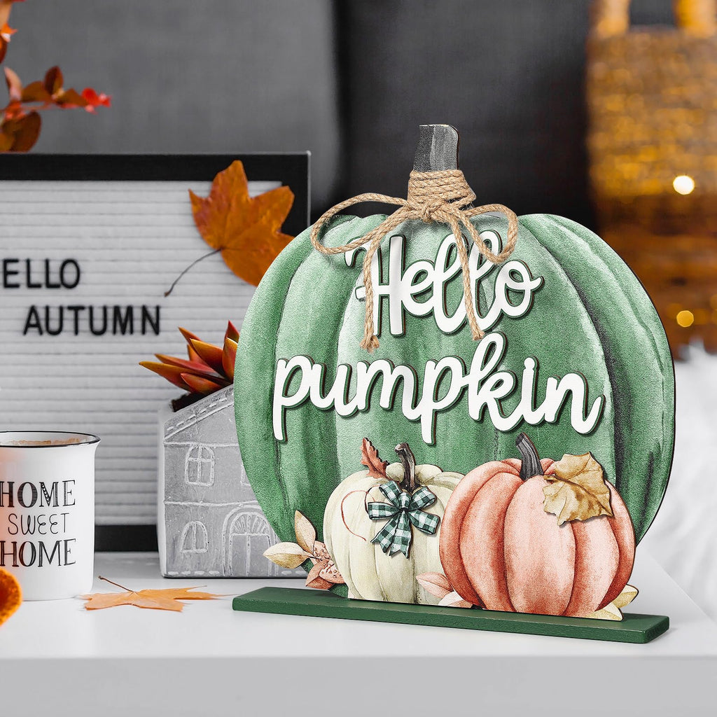 Fall Decoration Wooden Green Pumpkins Decor Fall Hello Pumpkin Sign