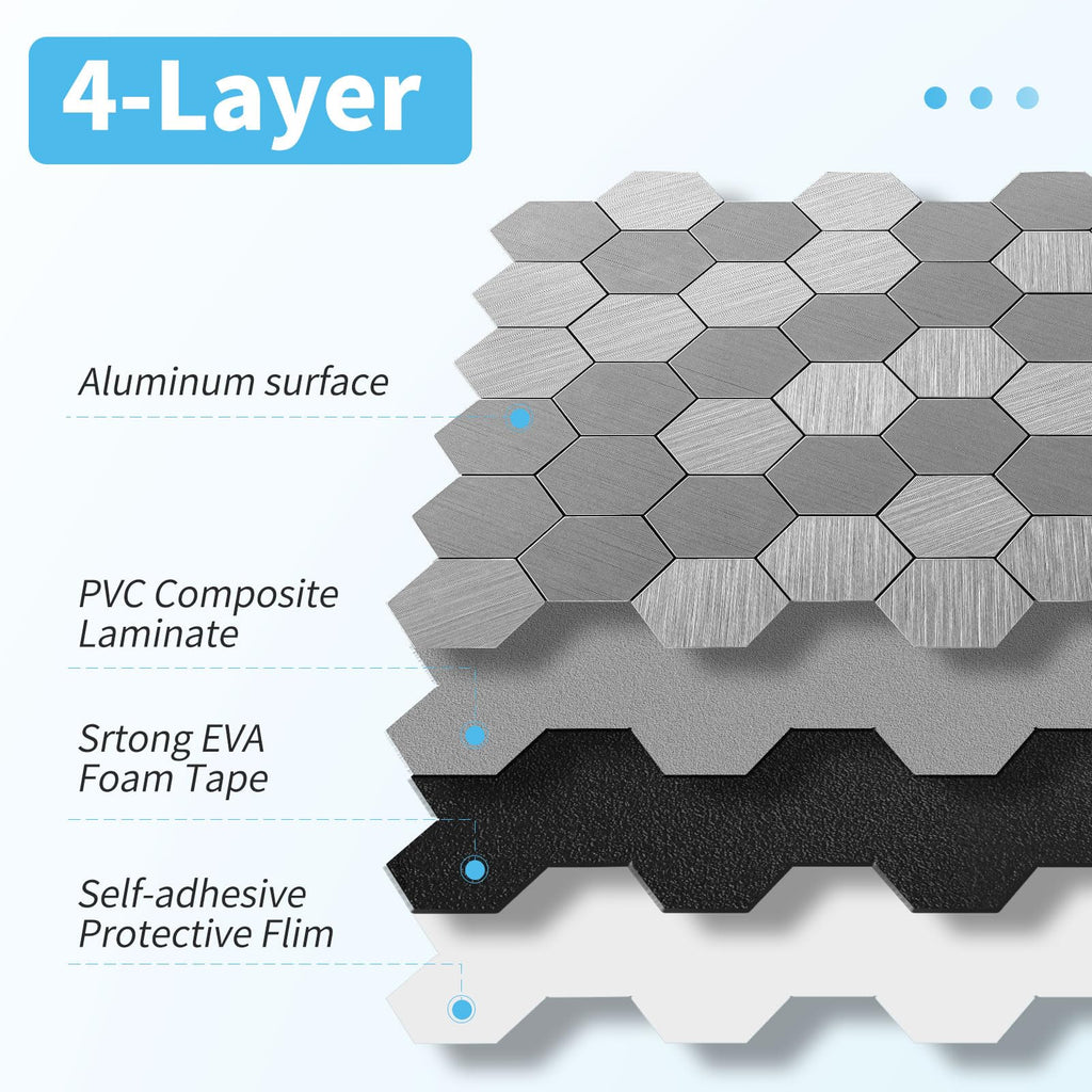 10-Pack Metal Peel and Stick Backsplash Tile, Silver Hexagon