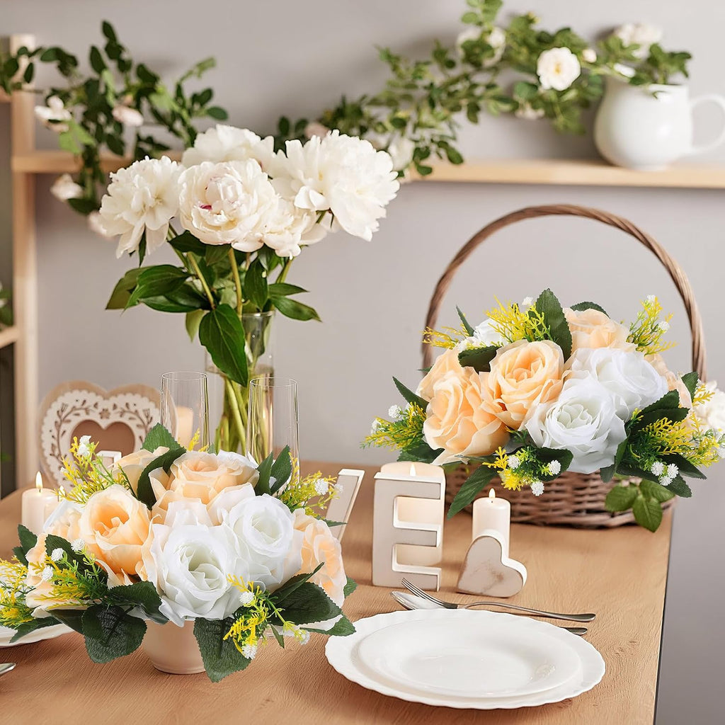 Silk Rose Flower Balls,Champagne, White - Set of 24