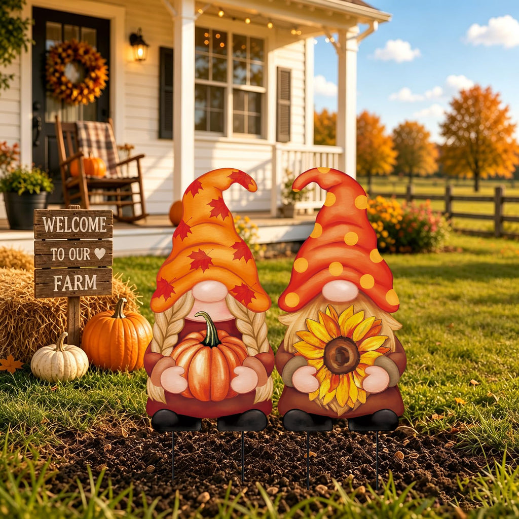 2Pcs Metal Gnomes Decorative Garden Stakes Pumpkin Sunflower Fall Thanksgiving Yard Signs Outdoor Decorations for