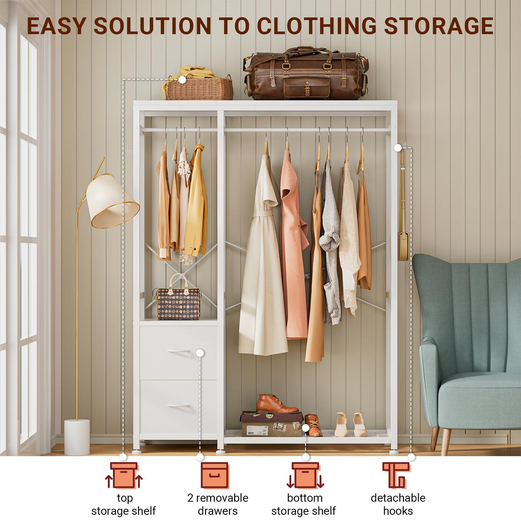 Clothes Rack with 2 Rods, Shelves, Drawers & Hooks, Garment Rack