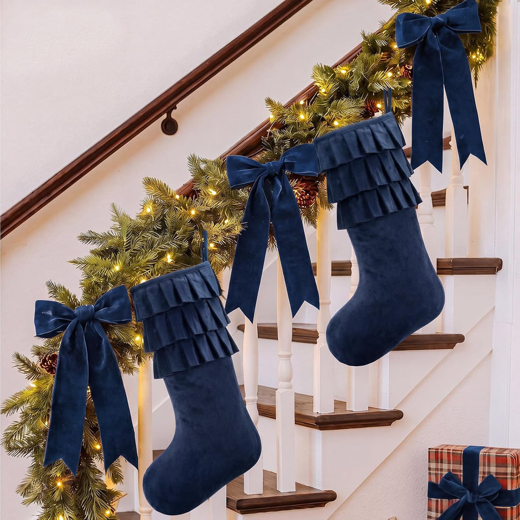 Navy Blue Velvet Christmas Stockings 18" Ruffle - Set of 2