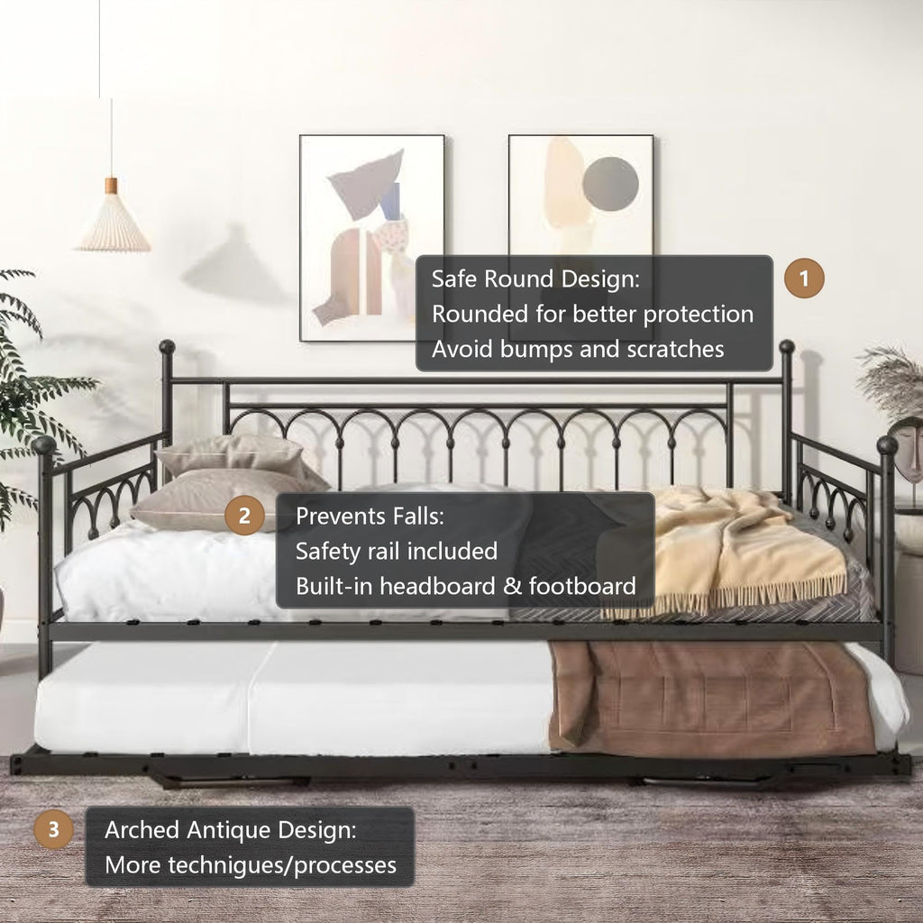 Day Bed with Trundle Bed Twin Pop Up, Height Adjustable Twin Daybed with Trundle Pop Up, Metal Sofa Bed Frame with