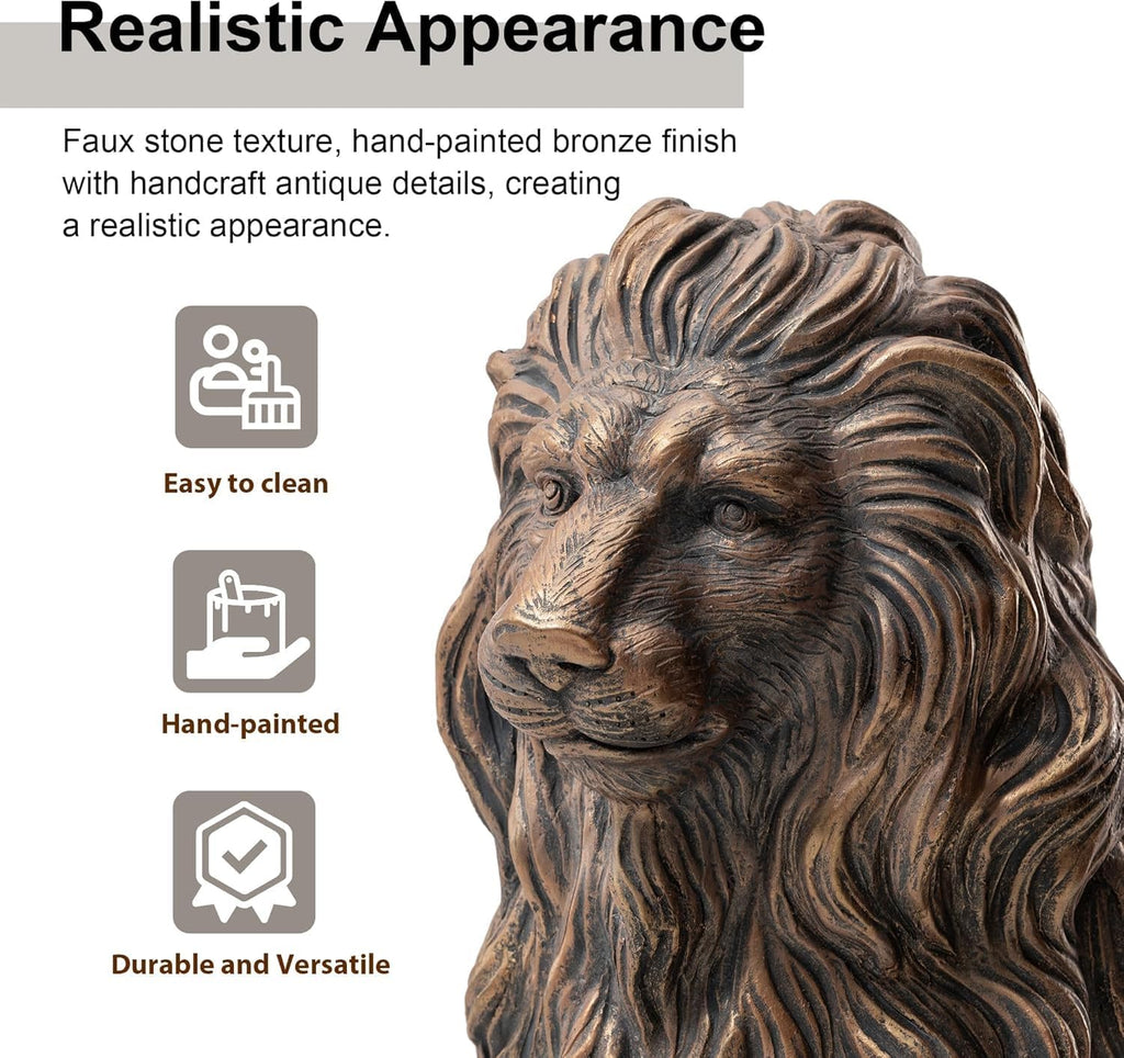 24"BronzeLion Garden Statue,Large Sitting Lion Sculpture With Weighted Base,Regal Entrance Guardian For Front